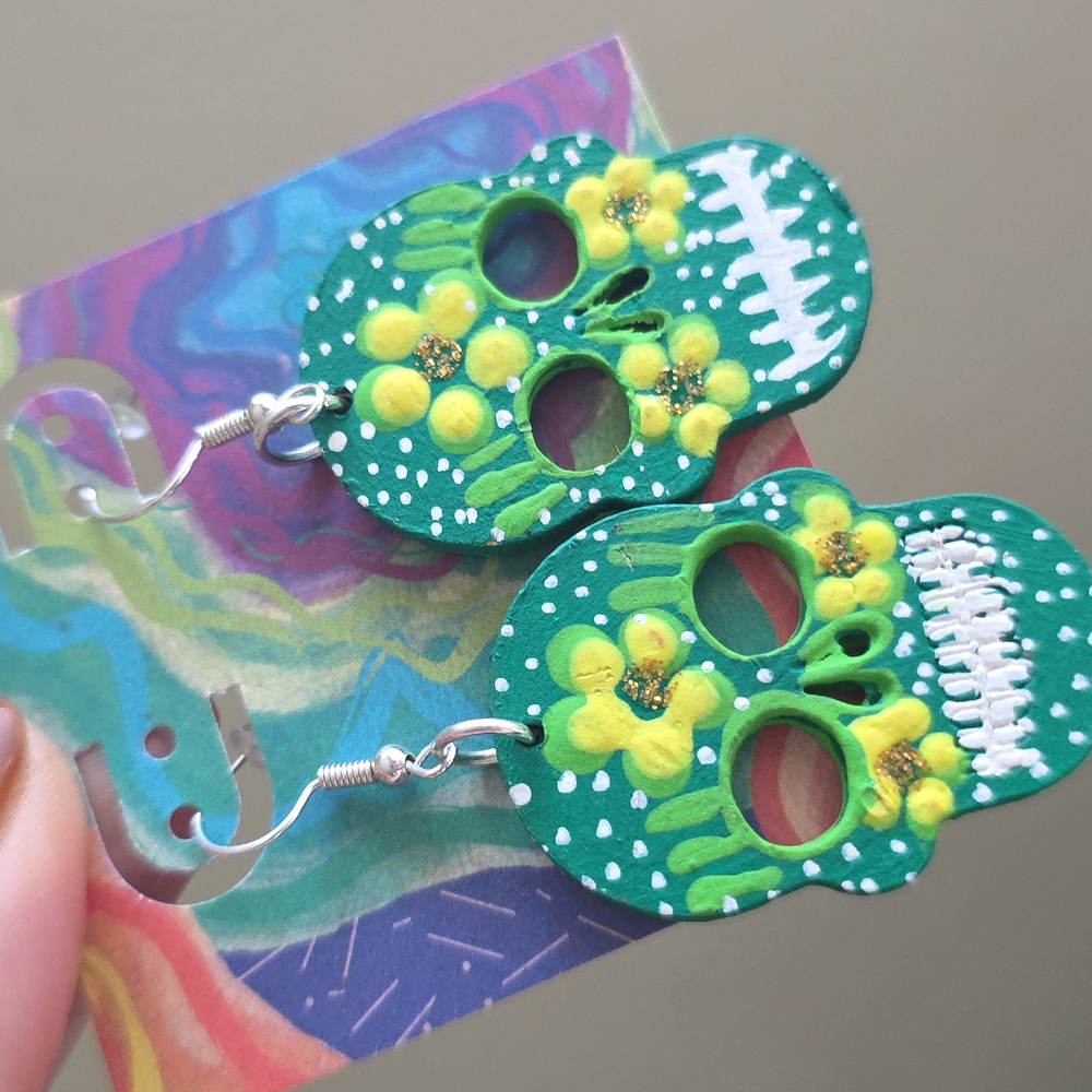 Green & Yellow Dia de Los Muertos Earrings